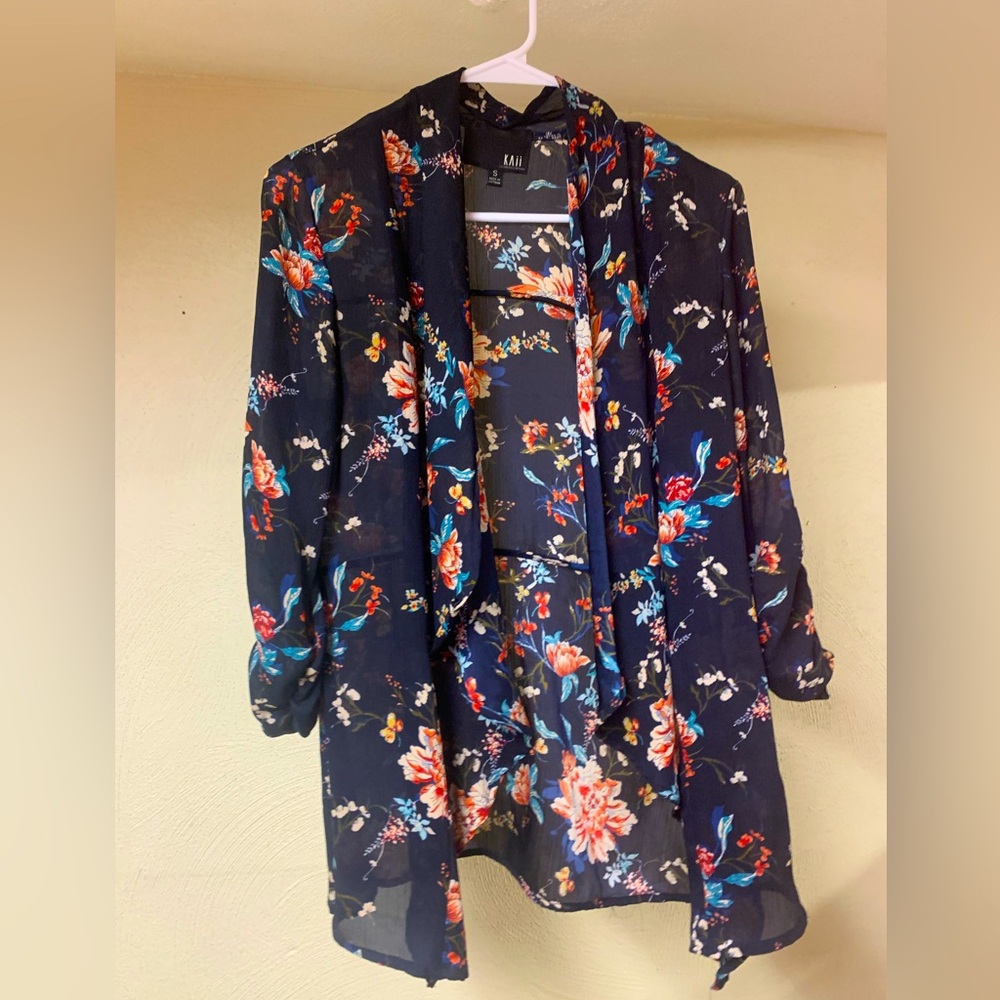 Kaii Los Angeles Black Floral Open Kimono Jacket Cardigan Festival Size S EUC